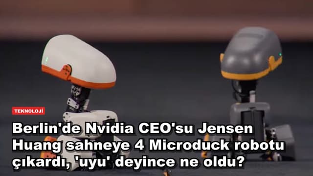 Berlin'de Nvidia CEO'su Jensen Huang sahneye 4 Microduck robotu çıkardı, 'uyu' deyince ne oldu?