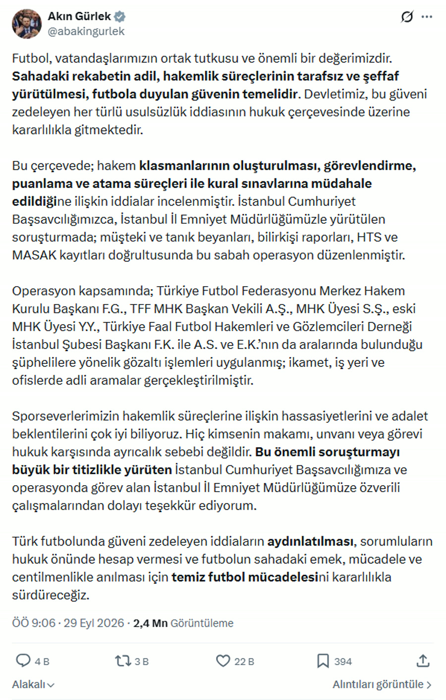 Adalet Bakanı Akın Gürlek'in MHK operasyonu açıklaması