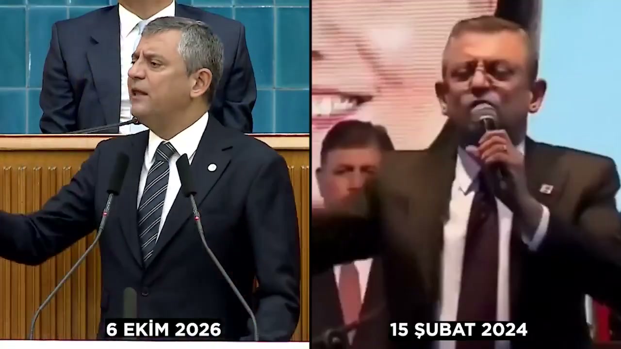 Özgür Özel'in 6 Ekim 2026 ve 15 Şubat 2024 tarihli konuşmaları yan yana