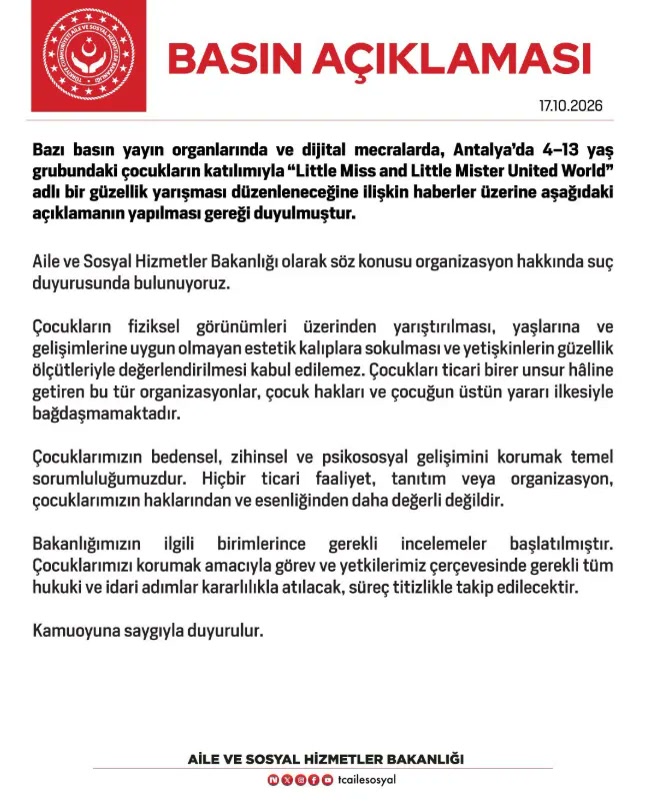 Antalya'da 4-13 yaş çocuk güzellik yarışmasına Aile Bakanlığı'ndan suç duyurusu: 'Little Miss' için 'kabul edi