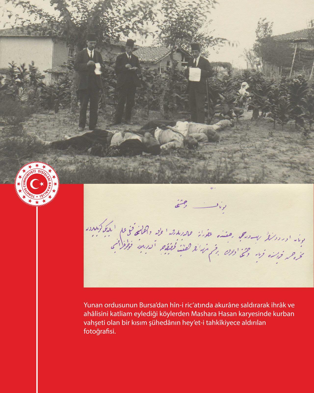 Yunan ordusunun Bursa Mashara Hasan köyünde katlettiği sivillerin heyet tarafından çekilen fotoğrafı ve belgesi