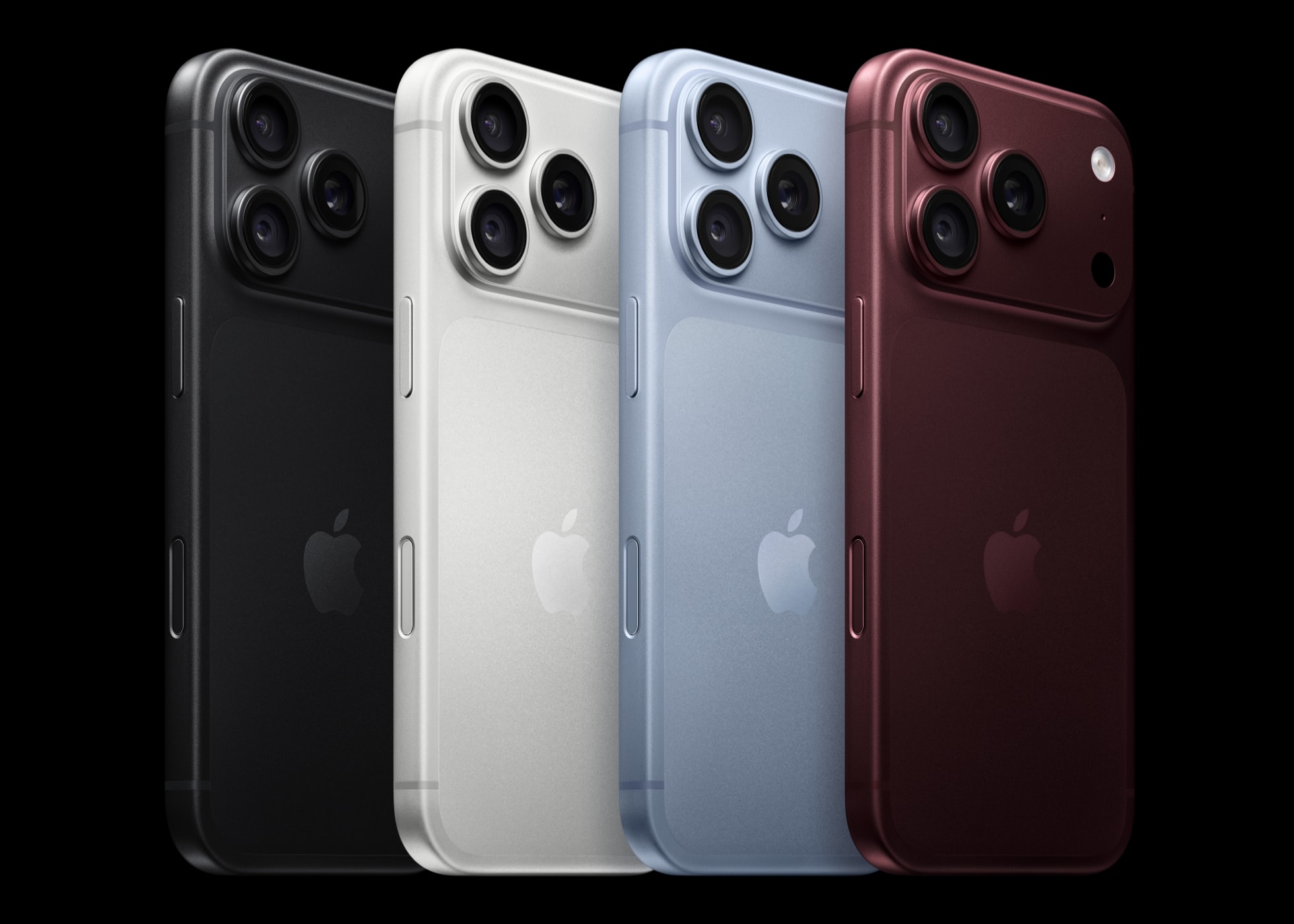 GÖVDE - iPhone 18 Pro'nun dört rengi yan yana (siyah, beyaz, mavi, bordo), Apple Newsroom basın görseli, 1960x1400; koyu