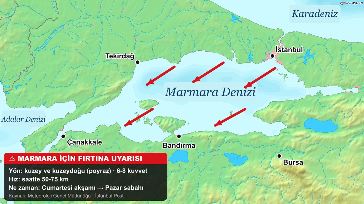 Marmara Denizi fırtına uyarısı haritası: kuzeydoğu yönlü poyraz, 6-8 kuvvet, saatte 50-75 km