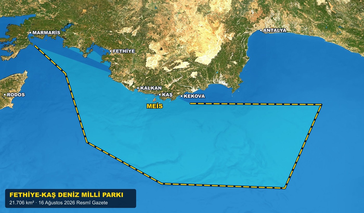 Fethiye-Kaş Deniz Milli Parkı sınırları — uydu görüntüsü üzerinde