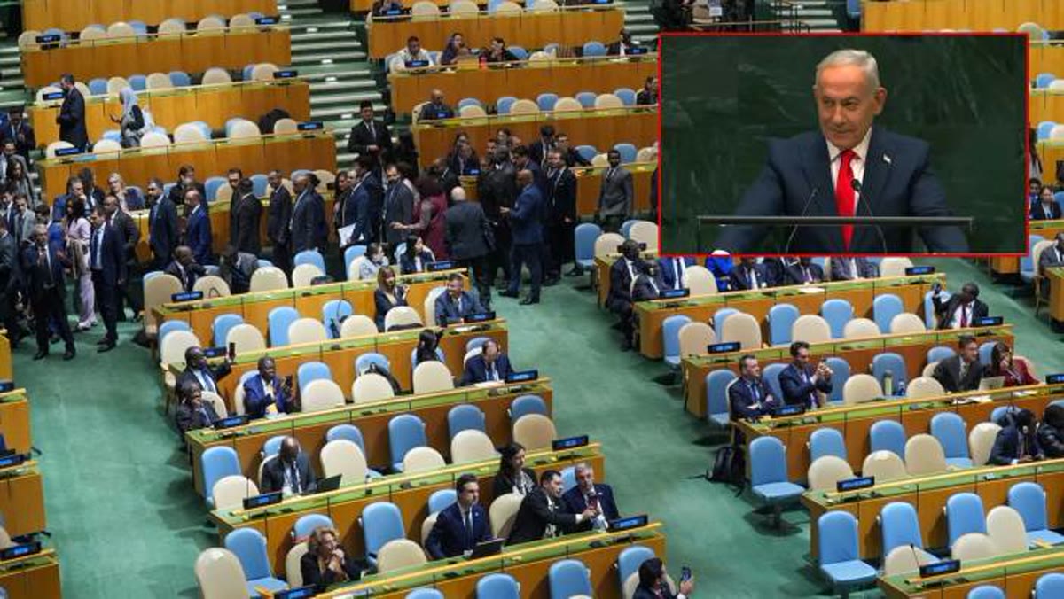 Netanyahu BM kürsüsünde konuşurken - salon boşalırken (kapak)