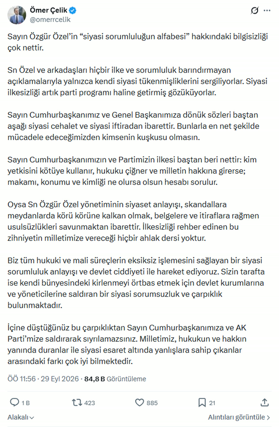 Ömer Çelik'in Özgür Özel'e yanıt verdiği X paylaşımı