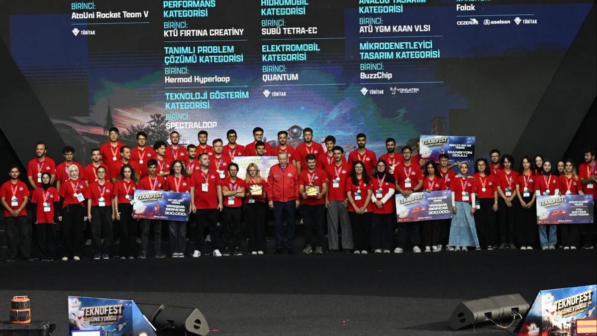 Şanlıurfa'da TEKNOFEST Güneydoğu şampiyonları ödülünü Cumhurbaşkanı Recep Tayyip Erdoğan'dan aldı; sahnede gen