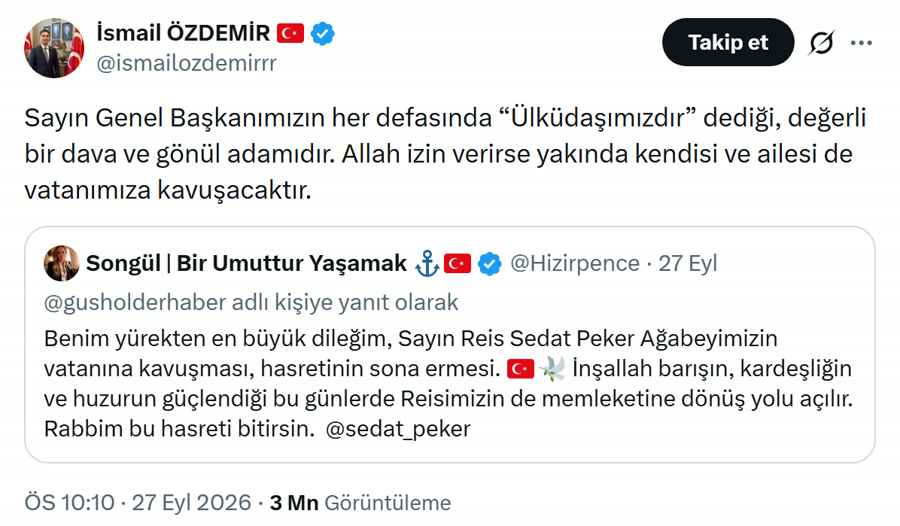 MHP Genel Başkan Yardımcısı İsmail Özdemir'in Sedat Peker paylaşımı