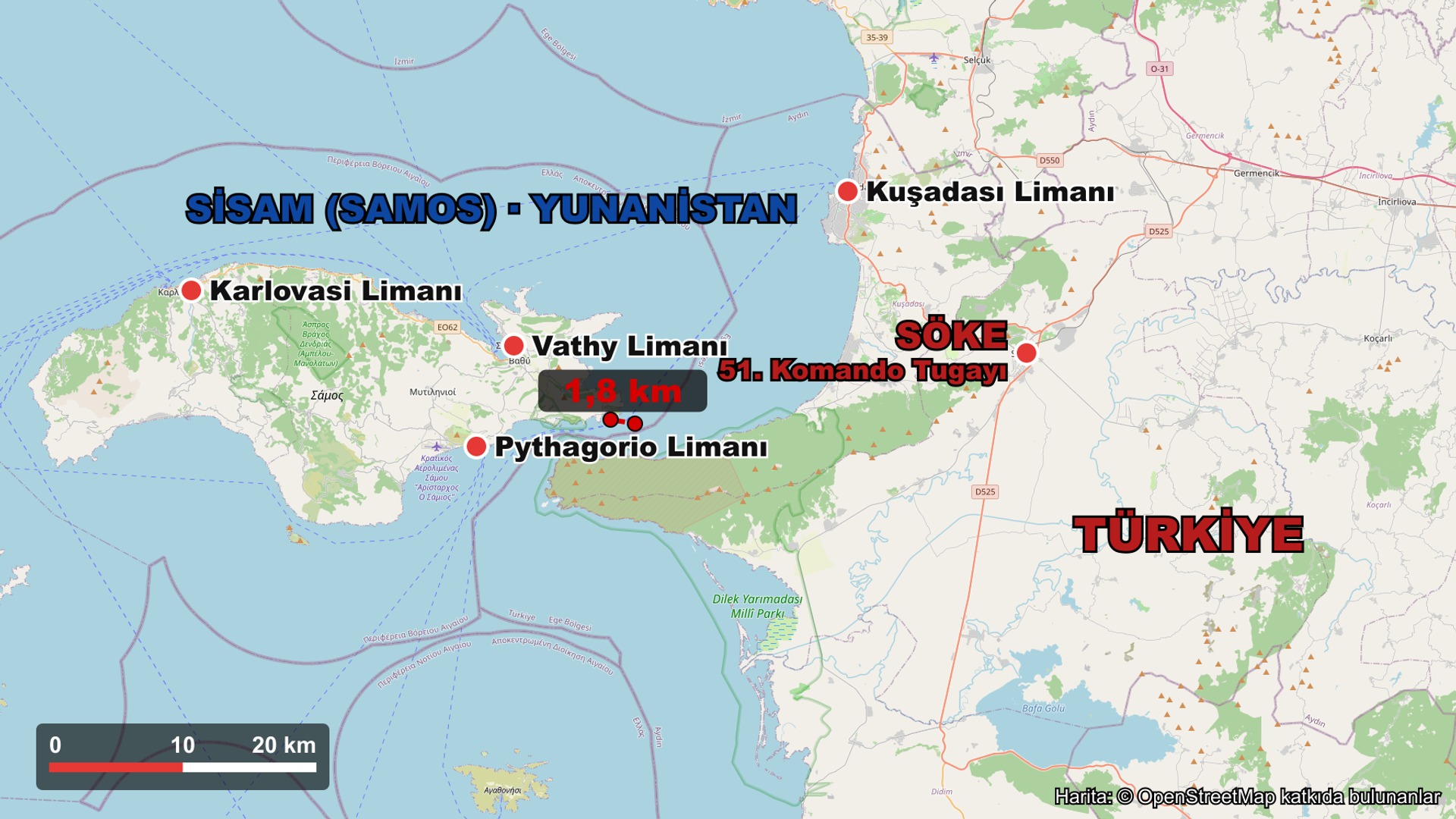 Siyasi harita: Sisam'ın limanları, Kuşadası limanı ve Söke'ye uzanan yollar