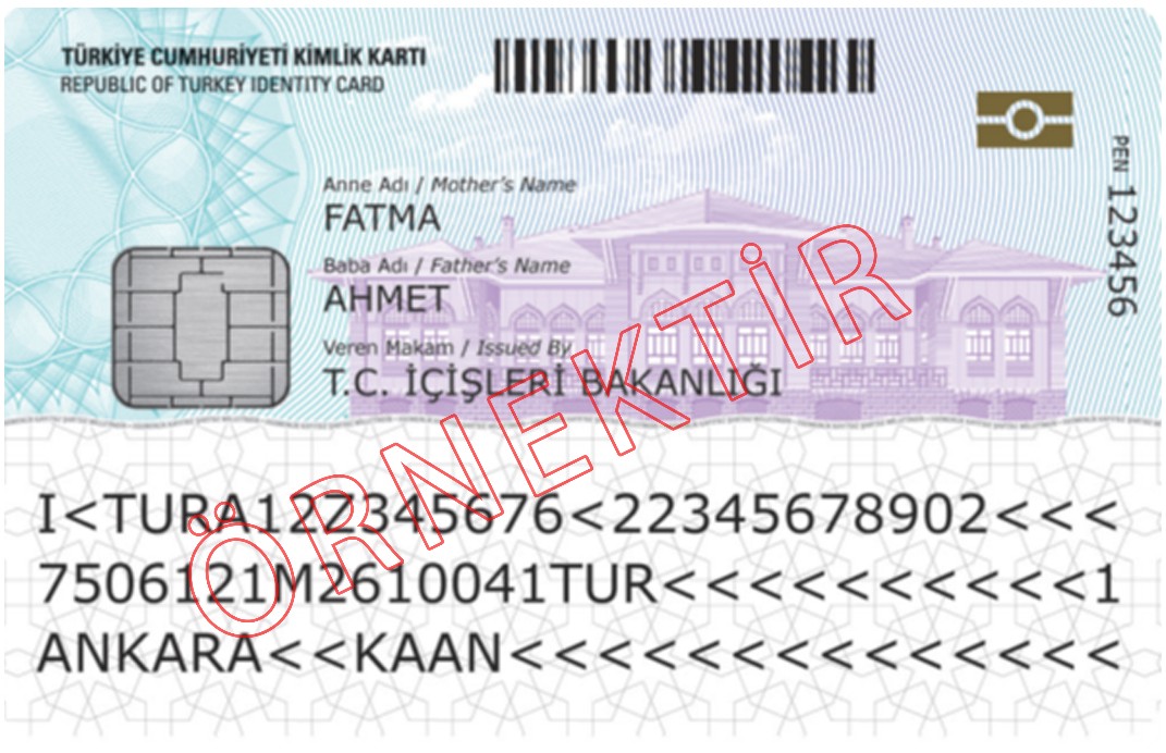 Nüfus ve Vatandaşlık İşleri Genel Müdürlüğü'nün yayımladığı örnek çipli kimlik kartı